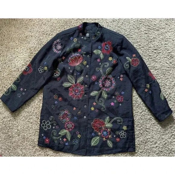ANNE CARSON Women's 70% Silk Artsy Embroidered Floral Beaded Jacket Cardigan 2X - Picture 3 of 11